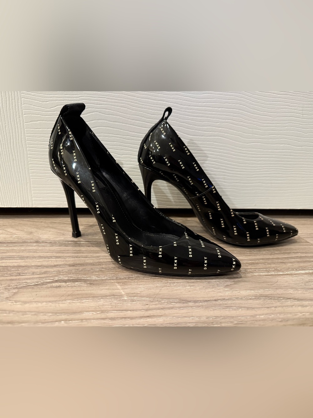 DKNY Black Logo Patent Leather Pointed Toe Stiletto Pumps